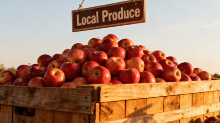 Warm low-angle shot of abundant red fruit piled high in a wooden display bin below a brown sign, emphasizing the texture of the apples and the golden backlighting.の素材