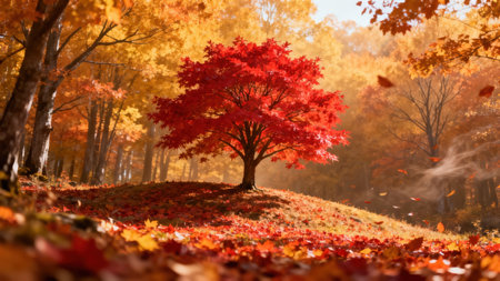 Solitary crimson maple tree dramatically contrasting with the glowing golden forest background, illuminated by hazy sun, featuring scattered fallen leaves and a visible gust of wind.の素材