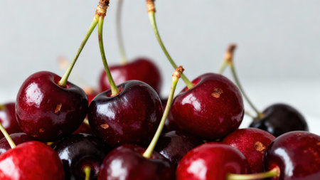 Extreme  view of a mound of freshly picked deep red cherries, featuring glossy surfaces and subtle highlights, emphasizing the vibrant texture against a soft, bright gray  background.の素材