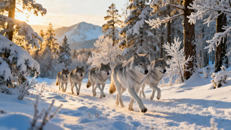 Five gray wolves running rapidly toward the camera in deep pristine snow, backlit beautifully by intense golden sunlight illuminating frosty spruce trees and distant mountains.の素材