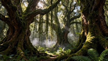 Dramatic backlit composition highlighting immense, textured tree trunks draped with thick vines and lianas, lush tropical ferns, and ethereal white mist hovering over the damp forest floor.の素材