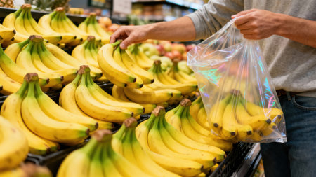 Close up of a customer's hands filling a transparent plastic produce bag with ripe yellow banana clusters from a large, densely packed grocery store fruit display rack.の素材