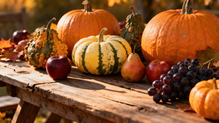 View of a fall arrangement with assorted orange pumpkins, striped delicata squash, shiny red apples, purple grapes, and a pear on weathered wooden planks in golden autumn light.の素材