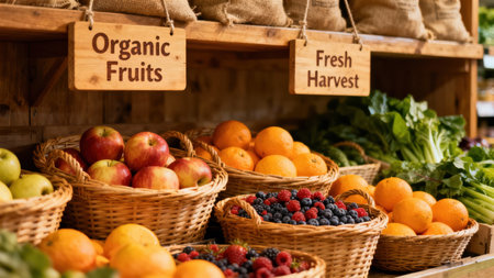 Colorful display of organic produce, including apples, bright oranges, and a variety of mixed berries, presented in wicker baskets on rustic wooden shelving indoors.の素材