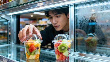 Detailed view of a server's hand positioning colorful kiwi, melon, and citrus fruit chunks in transparent plastic containers inside a foggy, brightly lit refrigerated retail cooler.の素材