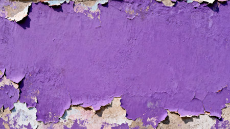 Rough, rectangular central area of vivid violet color bordered by unevenly flaking paint layers and exposed beige concrete, useful for copy space or horizontal background design.の素材