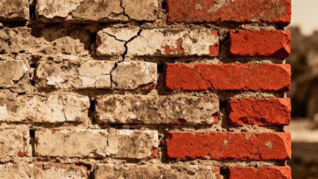 Close up of a historical structure where the vertical edge displays vibrant red brickwork adjacent to light brown cracked stucco, emphasized by harsh daylight.の素材