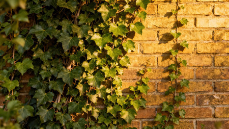 Texture study of vibrant dark green Hedera helix leaves clinging tightly to rough ochre-colored bricks, dramatically lit by low, warm afternoon sunlight.の素材