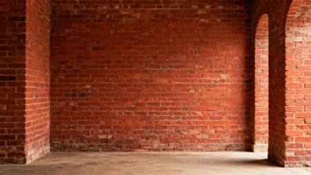 Close up view of dark red brickwork interior corner featuring heavy texture, contrasted by a smooth, light-colored concrete floor and soft shadows defining the arched column entrance.の素材