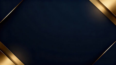 Minimalist backdrop featuring deep sapphire blue central copy space diagonally framed by four corners of layered, highly reflective golden satin metal shapes, emphasizing contrast and depth.の素材