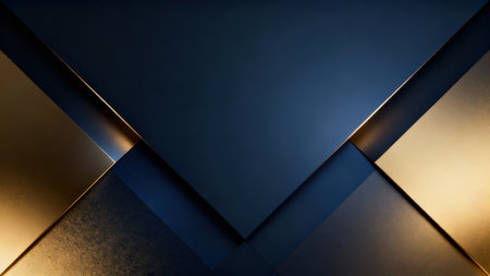 Textured dark gold and smooth midnight blue material layers intersecting sharply, creating angular folds and intense highlights on the glossy metallic edges.の素材