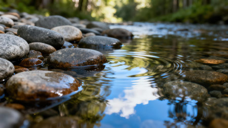 Low angle closeup capturing glossy gray river stones bordering a shallow stream with concentric water ripples distorting the reflection of bright cumulus clouds and deep blue sky against a blurred...の素材