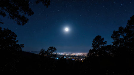 Panoramic nighttime view showcasing the glowing full moon and detailed constellations above the sparkling city lights, dramatically framed by dark silhouettes of evergreen pine branches and hills...の素材