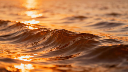Detailed view of small brown water ripples catching bright golden sunlight, creating intense orange bokeh across the blurred background surface during evening hours.の素材