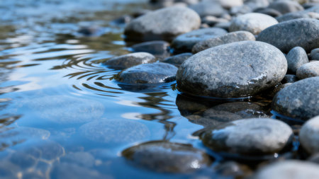 Low angle view of clear blue stream water flowing over smooth, rounded gray cobbles, highlighted by direct sunlight creating strong reflections and concentric waves.の素材