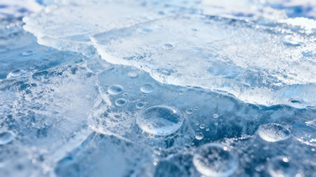 Low angle  view of clear blue winter ice showing numerous spherical air pockets trapped within the deep frozen structure, highlighted by sun reflections on the rough crystalline edges.の素材