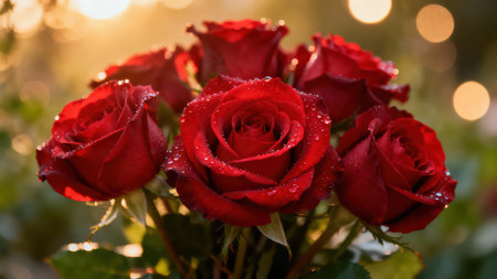 Macro view of velvety red rose petals covered in moisture, highlighted by intense backlighting creating warm amber bokeh circles against lush green foliage.の素材