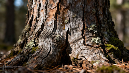 Extreme close up of deeply furrowed pine tree trunk base highlighting rough wood grain, patches of bright green moss, pale lichen, and glistening amber resin drops illuminated by strong sunlight.の素材