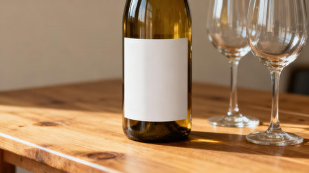 Mockup of a clear glass wine bottle featuring a blank white rectangular label displayed with two empty stemmed glasses on a rustic wooden surface under harsh sunlight.の素材