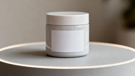 Shot of a light gray cosmetic jar displayed on a circular stone-textured platform, accented by a distinctive warm LED light strip around the perimeter, isolated on a muted background.の素材