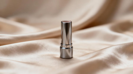 Neutral lipstick in a reflective chrome casing standing vertically on heavily draped golden beige silk cloth, emphasizing the luxurious texture and soft light.の素材