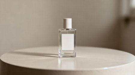 Square glass fragrance container featuring a customizable blank white sticker label and matching lid, set against a soft, monochromatic cream and taupe background.の素材