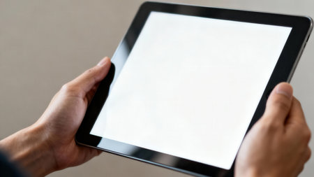 Man's hands gripping the narrow black frame of a digital slate, centered on a highly illuminated pure white rectangle for content insertion, set against a soft beige bokeh.の素材
