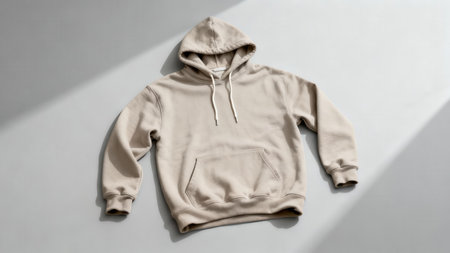 Comfortable neutral sand colored cotton hoodie laid out flat for product photography, emphasizing the texture and drawstring details against a stark gray  floor.の素材