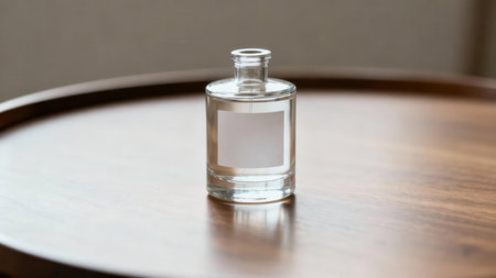Of a stubby, transparent cylindrical vial with an unbranded white rectangular sticker, professionally photographed on a highly reflective, warm brown wooden tray.の素材
