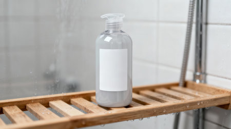 Close up view of a translucent plastic dispenser filled with gray product resting on a wet light brown bamboo bath caddy against white tiled bathroom walls.の素材