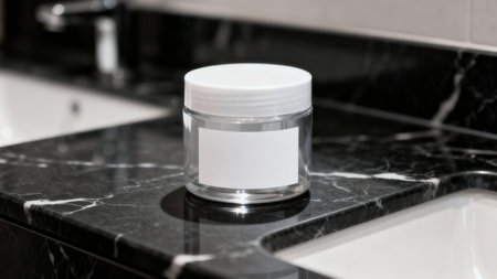 Transparent round jar for moisturizing cream or face mask product mockup sitting on a luxurious, shiny black marble slab with white streaks next to a white ceramic washbasin fixture.の素材
