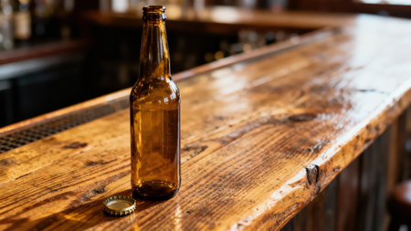 Low angle view showing a standing amber glass bottle and a gold crown cap on a highly reflective, rustic wooden bar surface with visible grain under dim interior lighting.の素材