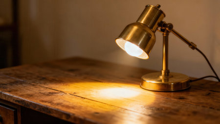 Bright white bulb illuminating the highly polished gold metallic shell of an adjustable table lamp standing on a dark, deeply textured, distressed wooden surface with warm atmospheric lighting.の素材
