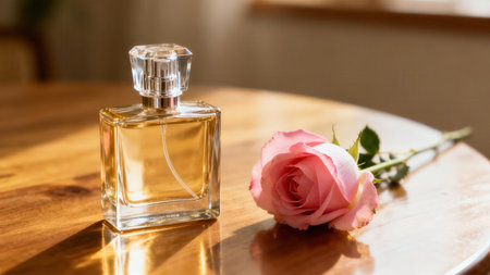Golden liquid perfume in a clear square bottle next to a blooming pink rose, dramatically lit by sunlight reflecting off the polished hardwood surface, casting defined dark shadows.の素材