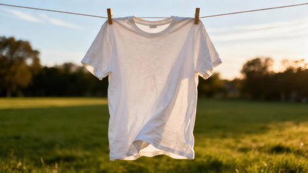 Backlit pristine white crew neck apparel suspended by two brown wooden pins on a taut rope line above rich green grass during warm golden hour light.の素材