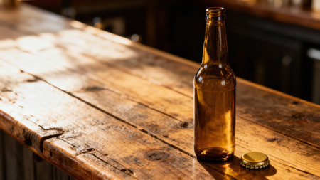 Illuminated amber bottle standing upright next to a textured golden cap on a scarred mahogany bar top, highlighted by strong sidelight creating deep shadows.の素材