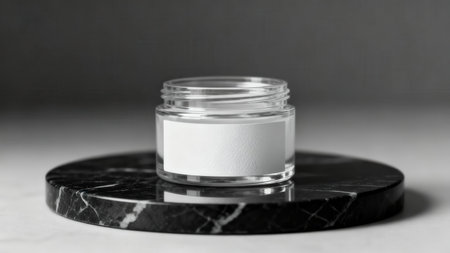 Close up of unlidded small transparent glass packaging container with blank label showcased on a round black and white veined marble surface under high-contrast  lighting.の素材