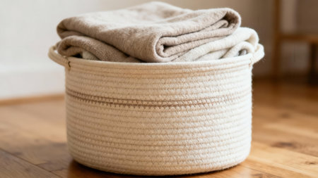View of a cylindrical coiled rope basket holding neatly folded cream and taupe textiles, illuminated by natural light hitting the polished brown hardwood floor in a cozy domestic interior setting.の素材