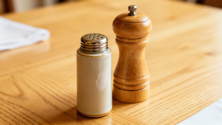 Close up view of a creamy colored cylindrical shaker with a metal top standing next to a tall hourglass-shaped wood pepper grinder, illuminated by warm indoor lighting.の素材
