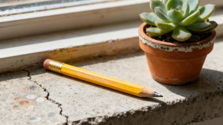 Close up of a yellow writing instrument and a potted foliage plant sitting on a weathered, rough gray ledge, illuminated by harsh natural light casting strong shadows.の素材