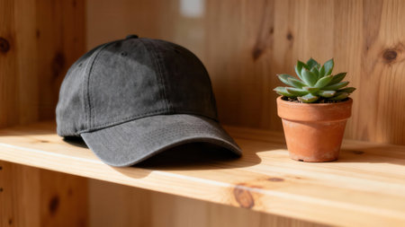 Close up of a textured charcoal dad hat juxtaposed with a tiny green echeveria in a clay pot, sitting on a pale pine wood bookcase shelf illuminated by directional side light.の素材