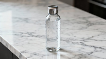 Cylindrical reusable water bottle with exterior moisture drops and a stainless steel lid centered on a reflective white and gray veined stone counter.の素材