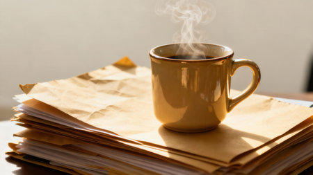 Warm morning sunlight illuminating a steaming cup of dark coffee resting on a chaotic pile of manila folders and administrative paperwork, suggesting a long, busy day ahead.の素材