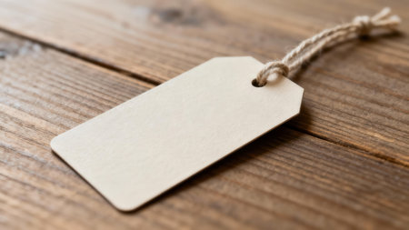 Isolated rectangular light-colored blank label tag featuring a rough twine loop, positioned on a deeply textured, knotty, dark wood table surface.の素材