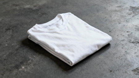 Neatly stacked white cotton crew neck shirt positioned diagonally on a distressed, mottled charcoal gray cement floor, emphasizing high contrast between fabric and rough surface texture.の素材