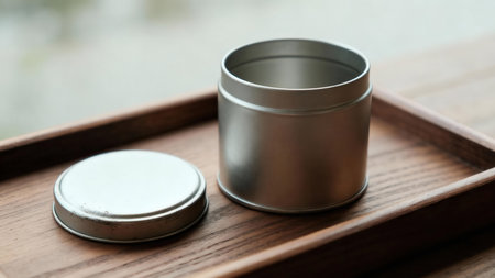Brushed silver metal canister standing next to its round lid on a smooth, dark-grained wooden tray, captured in soft daylight with shallow depth of field.の素材