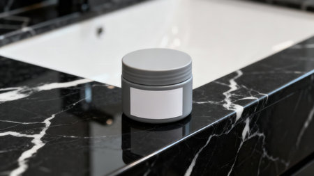 Close up of a minimalist cylindrical gray plastic jar mockup resting on polished black marble countertop with strong white veining near a bright white ceramic sink basin.の素材