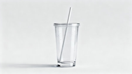 Single transparent acrylic travel tumbler with a fitted cap and white straw, dramatically lit to emphasize reflections and casting a sharp shadow on a brilliant white  table.の素材