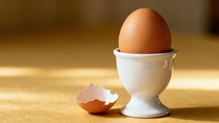Single brown hen egg presented in a shiny white porcelain egg cup, casting a distinct shadow on the golden brown textured surface, with a piece of broken shell in the foreground.の素材