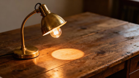 Dramatic indoor  showing bright brass study lamp with exposed filament bulb creating a sharp, circular illumination spot on the heavily textured, rich brown antique wood desktop.の素材